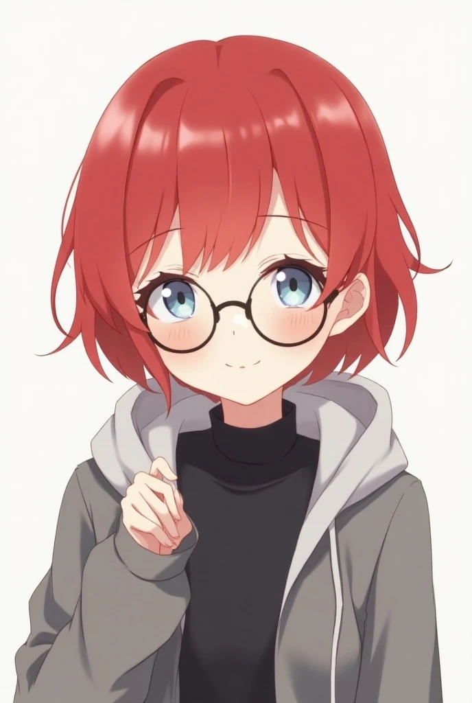 A cute and beautiful anime  girl character with short red  hair and light blue eyes. She wears a cute gray jacket She wears black, round, thin glasses She smiles and wears a gray and black suit She wears a hoodie And look at me 