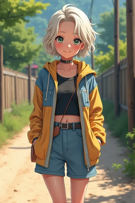  A Japanese girl who is twenty years old.  She has a bright and playful charm . She has slightly wavy ,  platinum blonde hair . Sie hat einen trendy und streetwear style.  She is standing on a dirt road and post . you can see her whole body.