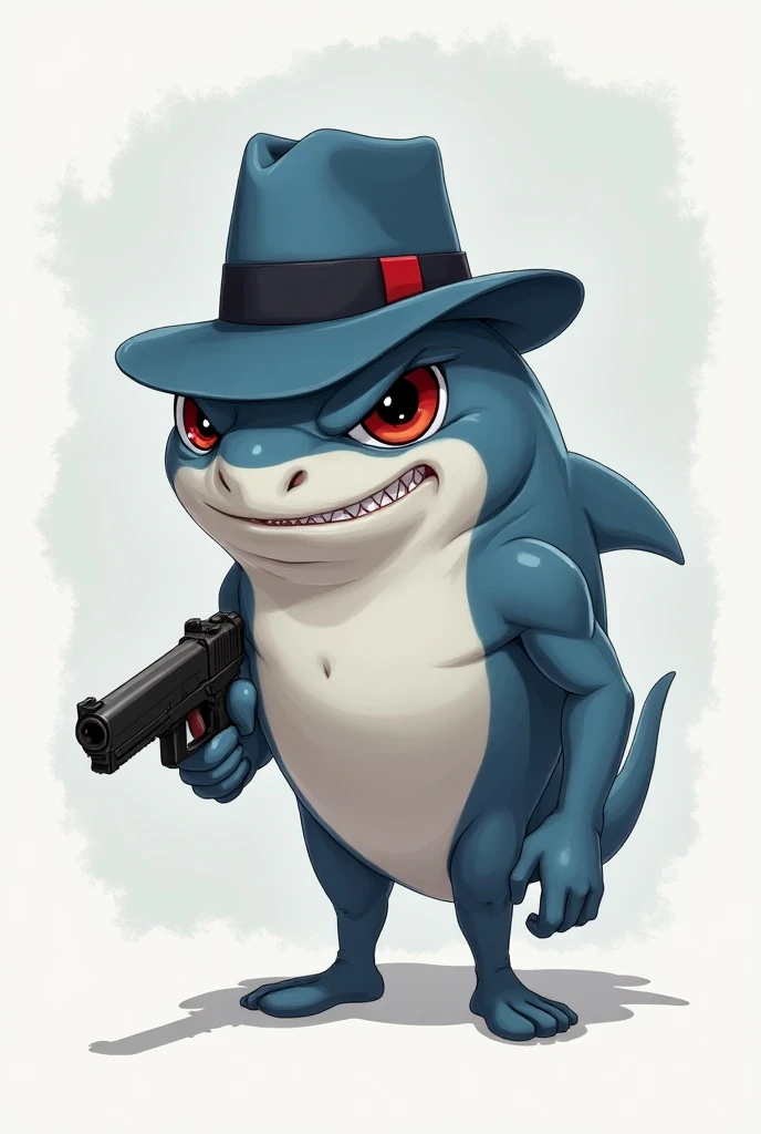  anime style, small shark with serious expression with human limbs wearing a blue fedora with red on the head with a gun in his hand 