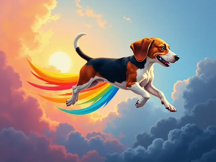  You are a visual artist and you work with oil ,  your favorite subjects are animal paintings and happiness ,  with whom you paint a picture where you seek to reflect happiness through a moment  ,   a beagle dog that flies in the sky Flashes of the colors ...