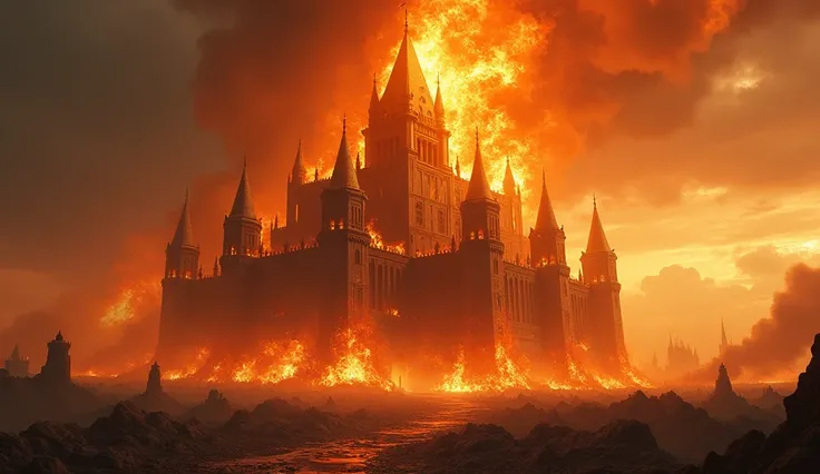 Paisa of a big epic castle on fire because it is in a war landscape 