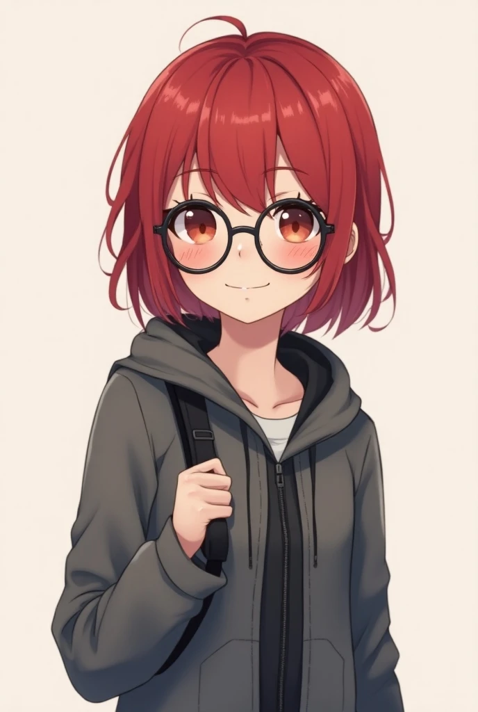 A cute and beautiful anime  girl character with short red  hair and red eyes. She wears a cute gray jacket She wears black, round, thin glasses She smiles and wears a gray and black suit She wears a hoodie And look at me  