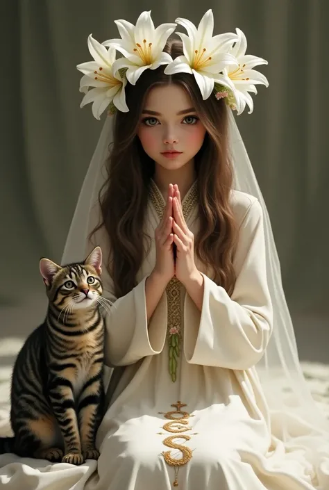  New Religion Yeletss Witnesses . 
 The main adept is Saint Olesya ,  a young girl with big black eyes and brown hair,  with a wreath of white Lilies on her head . She makes a cross with her fingers .  Next to her sits a striped cat . She is wearing a whit...