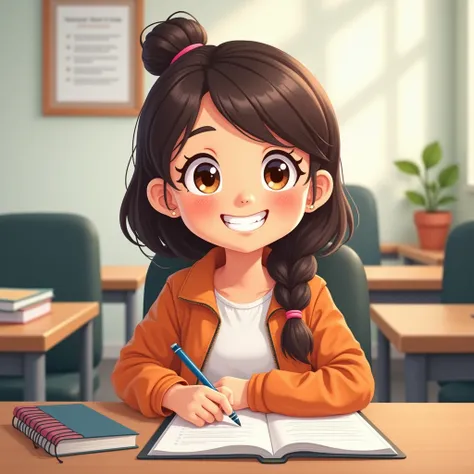 the girl is sitting in the office during the exam, smiles,  cartoon style ,  illustration, 8 k