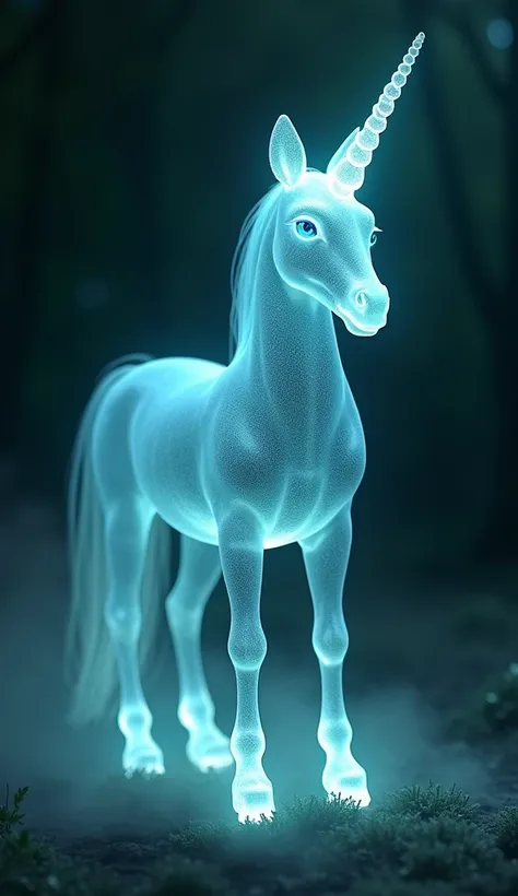 A translucent fantasy unicornio, with a preto com chifres coloridos glow and an ethereal aura, against a dark, ominous background that evokes a sense of foreboding, its transparent fur glowing with a subtle, luminescent glow, as if illuminated by an otherw...