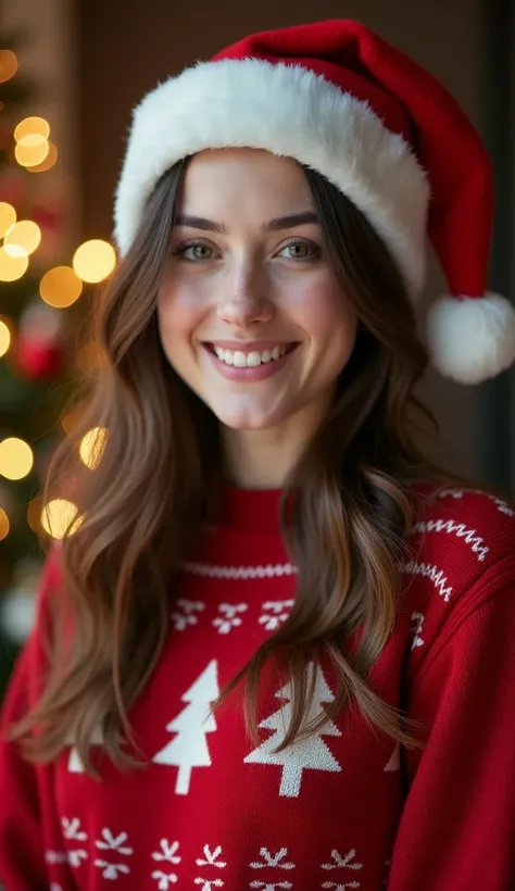 A highly realistic photo of a beautiful young woman around 20 years old, with brunette hair, looking directly at the camera with a warm, friendly expression. She is dressed in a festive Santa hat —a cozy red sweater with subtle Christmas patterns, and a Sa...