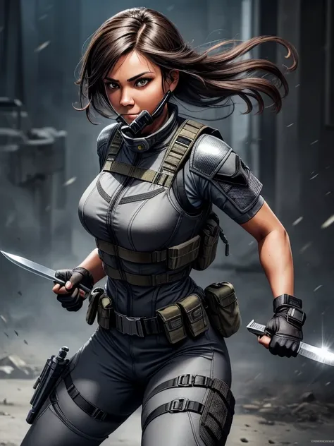 (masterpiece:1.2), best quality, high resolution, unity 8k wallpaper, (illustration:0.8), 1girl, solo, a woman in her mid-twenties, yellow eyes, tan-bronze skin, short black hair BREAK (Wearing: Metallic muzzle covering mouth, Gray tactical suit, bulletpro...