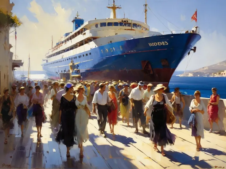 Greece, Pino Daeni style painting, strong lights, strong shadows, people take the ferry to Rhodes,