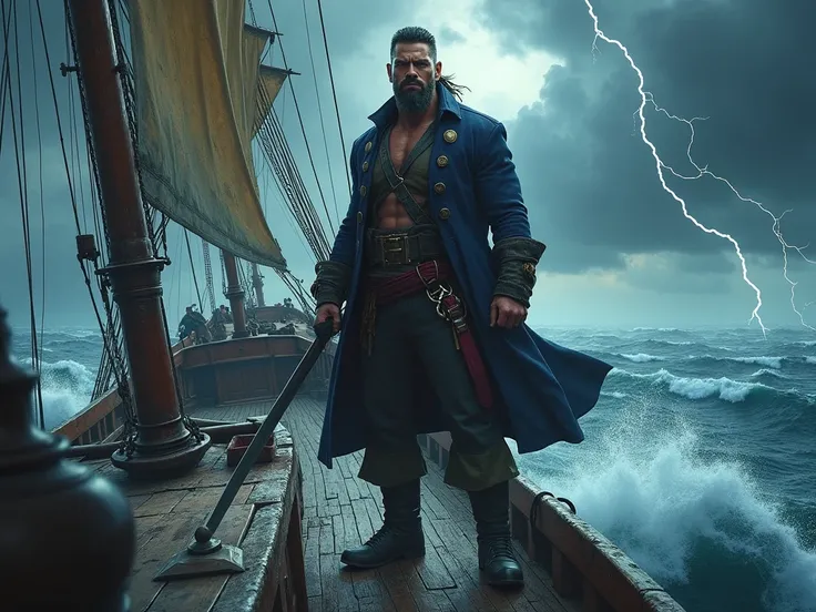 John Cena dressed as a pirate, sailing the ocean. Storm in the background