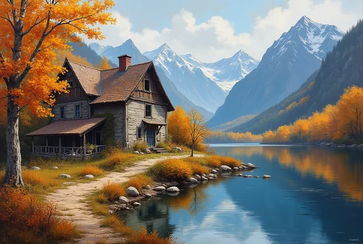  Impressionist painting,  mountain village ,  old house , lac, autumn  , 