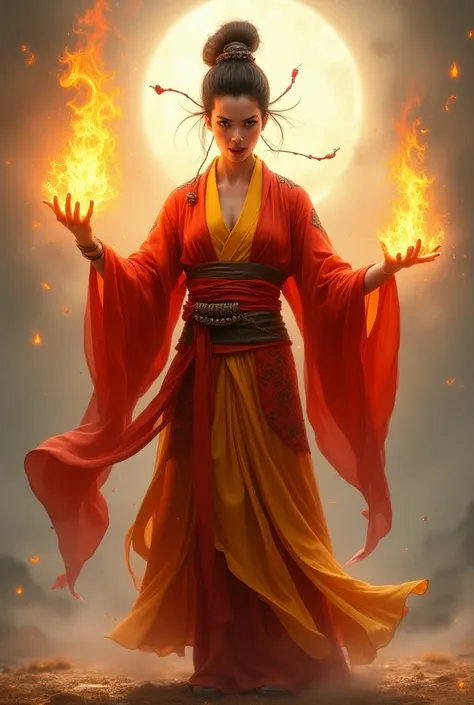 Generate an image of an expressive character, angry, of a shugenja in the world of the role-playing game Legend of the Five Rings, wearing a red and yellow kimono, casting a fire spell in a realistic, pastel style. En respectant les proportions humains. 