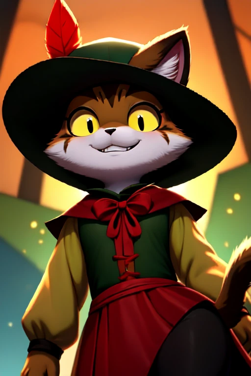 1girl, cat, anime, furry, fantoccio, medieval puppeteer clothes, low character height, dark green cape, dark green triangular hat with small red feather, muddy swamp color fur, a mocking grin, levitates in the air, yellow sclera, black pupil, bent long cat...