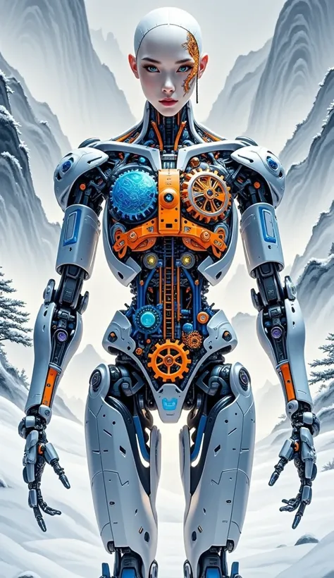 (Extra LongShot:1.6), (an expansive view:1.7), Future biomechanical figure, half-human and half-machine, with an organic torso and head, mechanical limbs, visible thermally orange gears through translucent skin, cobalt blue circuit patterns on metal parts,...