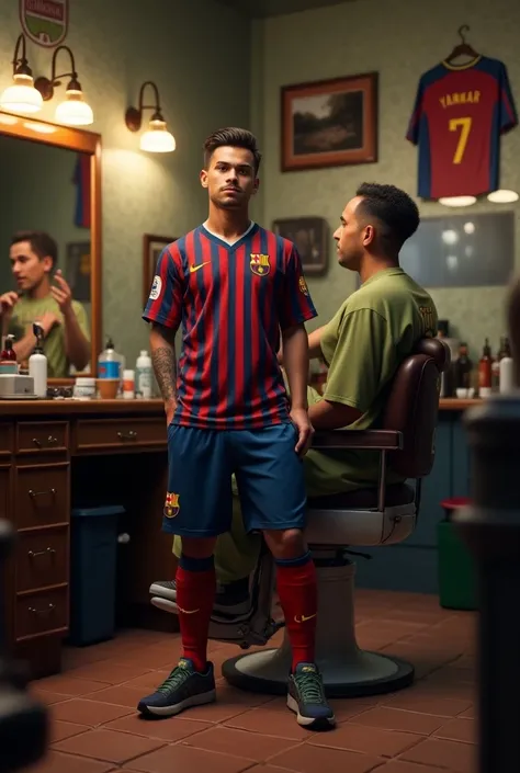 A picture of Emile Yamal wearing Barcelona clothes working in a barber shop replacing Neymar 
