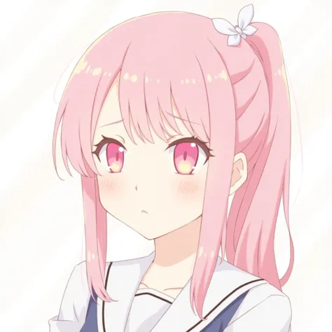  Mizuki has light pink eyes with a pink eyelash . Her hair is also light pink ,  and is slightly curled up in a side ponytail tied with a ribbon.  Two uniform locks of hair are loose , framing her face.