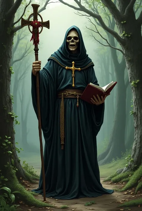  he draws a priest in a forest , dressed in a cassock ,  holding his cross in one hand ,  in the other he carries his holy book,  he has a scary face ,  in American comic style , Context:  medieval fantasy 