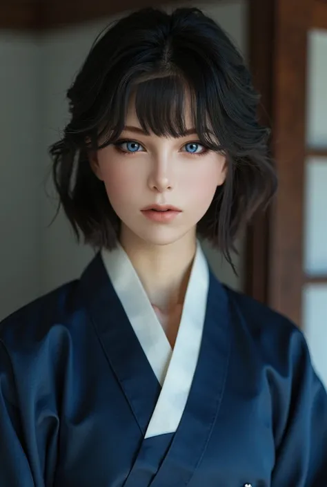  girl, Navy blue Hanbok , Black short hair, black eye,  cool expression