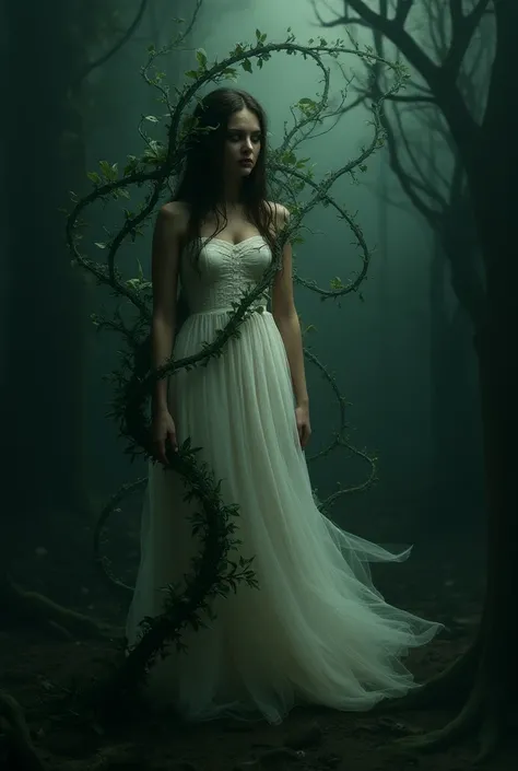 Beautiful woman with many many vines around her between a dark and dark place.  in a white dress . from a horror game .