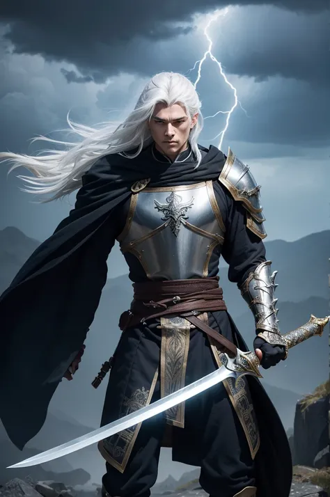 An epic scene featuring a strong and skilled swordsman with white hair, standing tall and confident. He is wearing a sleek, medieval armor with intricate designs, including silver and gold accents. His white hair flows in the wind, and his eyes glow with d...