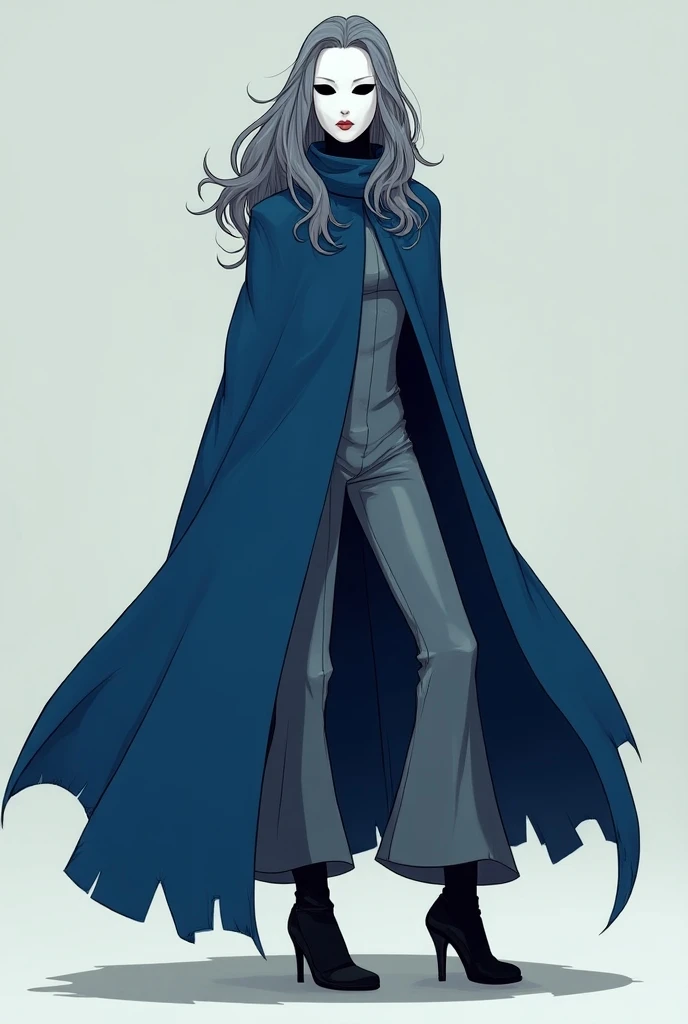 (Solo) 1girl, faceless, breasts, mask (white face mask, black eyes/) grey hair, long hair, blue long cape, (cape covering full body/), white gloves, grey clothing bodysuit, black heels boots, wide open trousers pants, pants covered boots, used cape to cove...