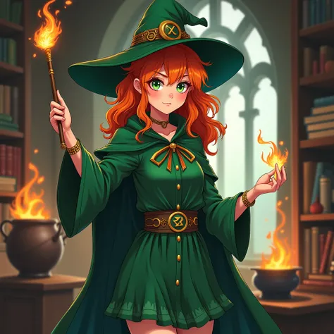 Adult girl with orange copper hair, witch, witch room background, witch hat,dressed in green, full body, in one hand she has a magic wand , anime,