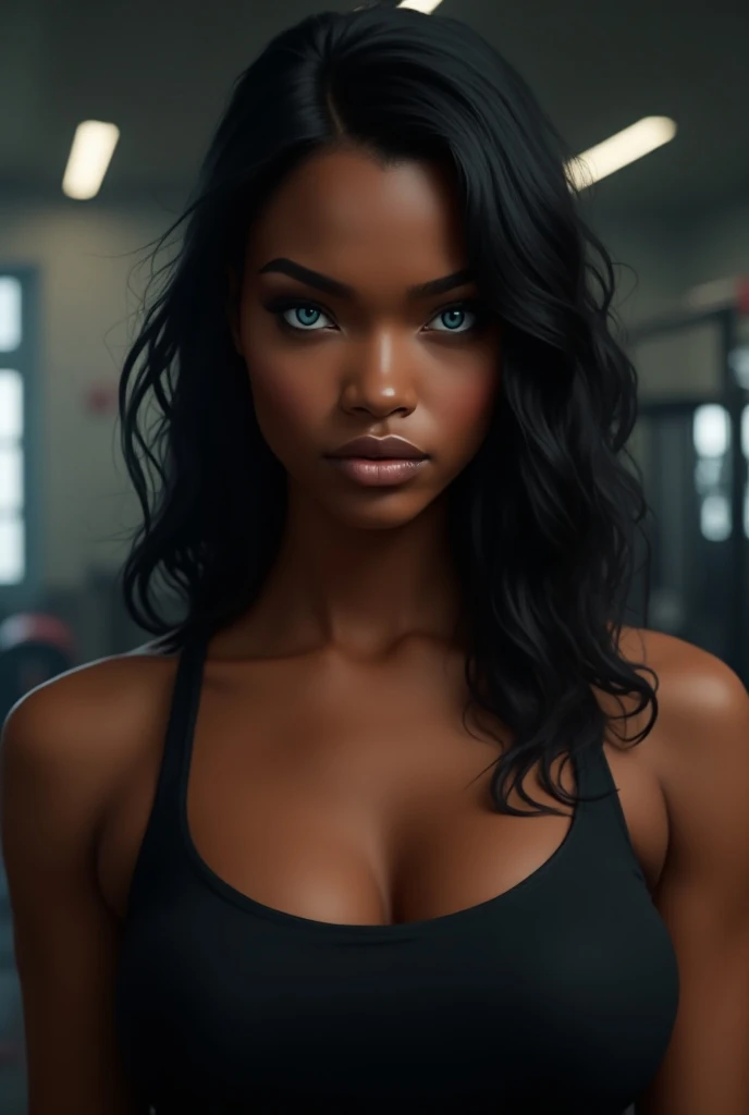 Long-haired black girl with strong blue eyes with serious look in black sleeveless t-shirt in a gym 