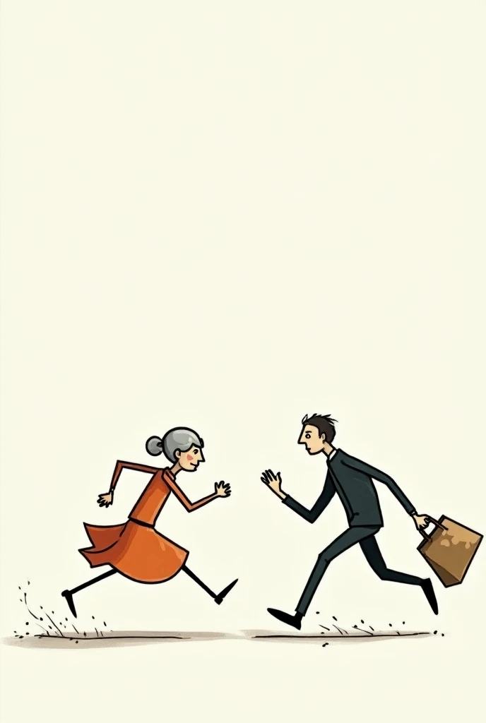  Generate a thief Stikman chasing an old woman who carries a bag , She must also be a Stik Man ,  the image must be viewed from the side to see the thief chasing the old woman about 15 meters away while the old woman runs to escape,  you can see that the t...