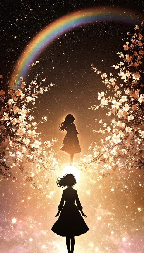 ((   glitter))、Shine picture  、  one woman,Black silhouette, galaxy silhouettes ,The inside of the silhouette is Shine, Imaginary,grow up,  Pink Flowers ,Shine ,sepia,Unity,  A rainbow appears ,The light shines  ,    visible from afar 