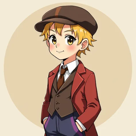  Pip wears an old-fashioned brown gatsby cap ,  a brown ribbon tie ,  an old-fashioned red smoking jacket ,  a white shirt and blue and violet pants . He has blond hair .  His head is subtly different from that of the other children ,  since his jaw sectio...