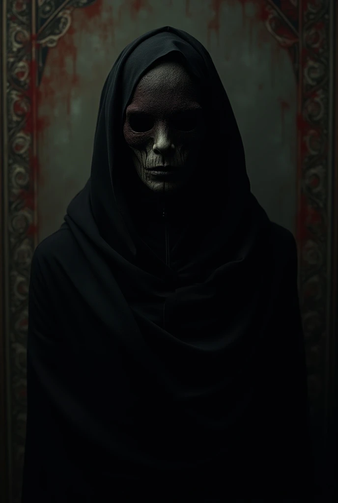 Large picture masked woman in black very perfect image razor-sharp very very gloomy and very detailed detailed background red 