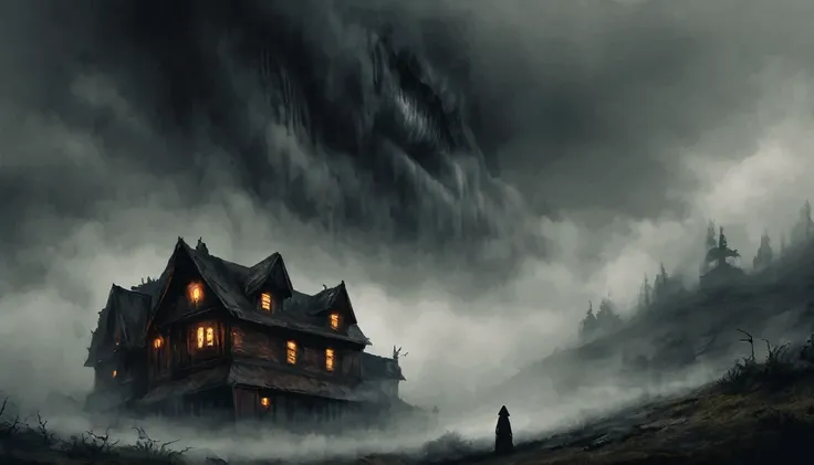  black clouds , fog, horror,  ominous atmosphere , high fantasy house