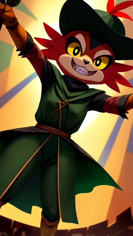 1girl, cat, anime, furry, medieval puppeteer clothes, low character height, dark green cape, dark green triangular hat with small red feather, muddy color fur, a mocking grin, levitates in the air, yellow sclera, black pupil, low-angle view, evil character...