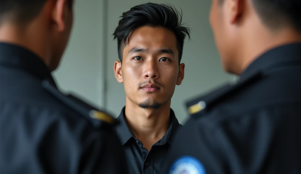  Indonesian police are introducing a young Indonesian man, in a room , realistic photo 