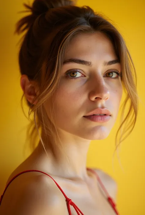 Her eyes are detailed and penetrating. Let your indulgence set me free. Grand design. Gorgeous hair in updo. Distressed yellow background with bokeh effect. 16k photograph. Highest resolution, high detail. High realism, depth of field, kodak portra 800, 10...