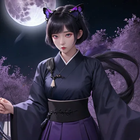  girl, Navy blue Hanbok , Black Short hair , black eye,  cool expression, Full moon background with purple tiger butterfly in the night sky.