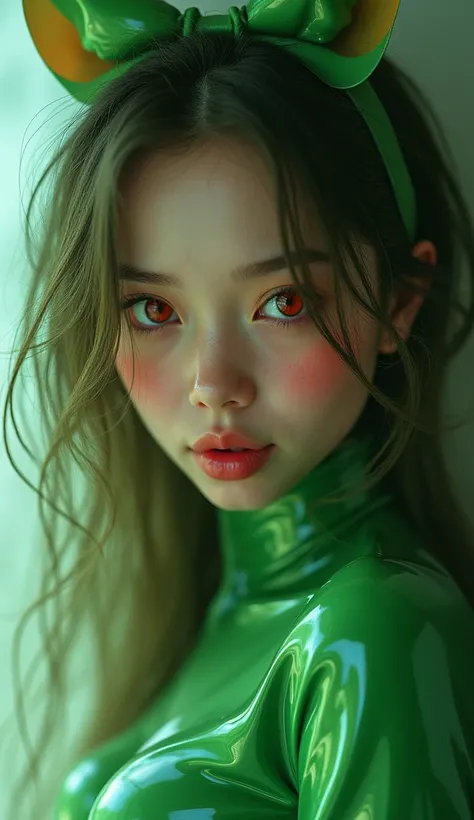  a girl,  long hair , blush, smile,  Open mouth, red eyes, Love,  Tongue out, Full green latex suit, very light skin.