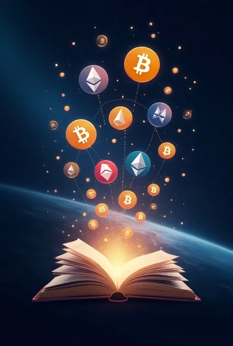 An image with an open book where logos of different cryptocurrencies come out of the book and go up against a background of the planet in space 