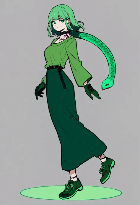  A Woman with Floating Green Hair, Snake Neck Tattoo , Long-sleeved Green Clothing ,dark green gloves,Dark Green Shoes 