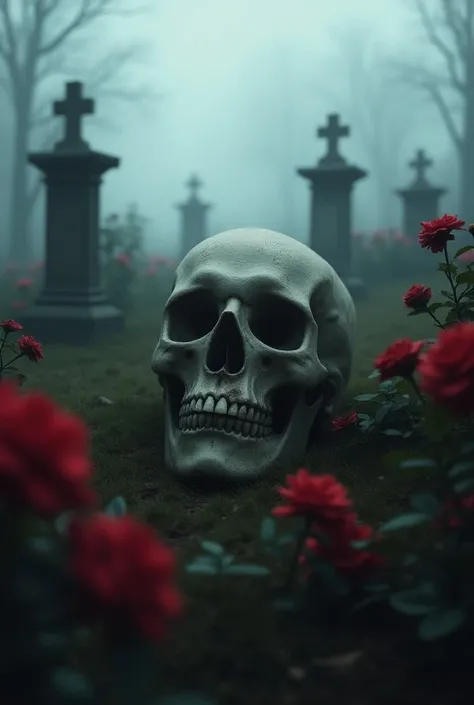 Realistic cemetery photo with skull and lots of fog with red roses 