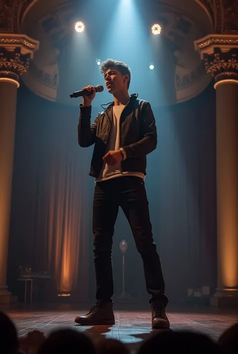 a teenage man singing on a stage