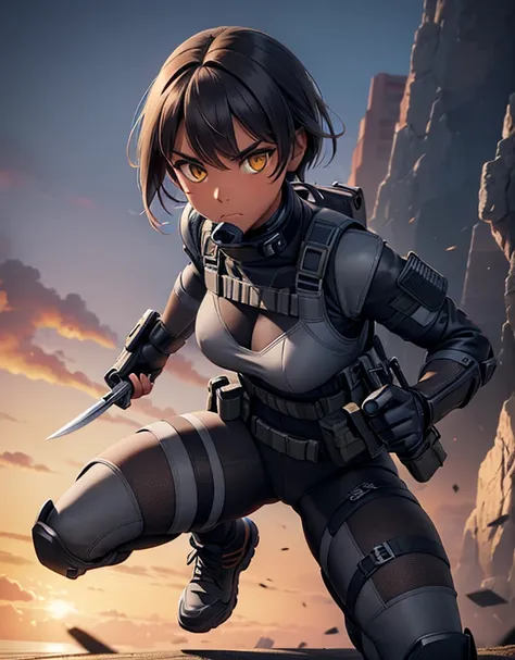 (masterpiece:1.2), best quality, high resolution, unity 8k wallpaper, (illustration:0.8), 1girl, solo, a woman in her mid-twenties, yellow eyes, tan-bronze skin, short black hair BREAK (Wearing: Metallic muzzle covering mouth, Gray tactical suit, bulletpro...