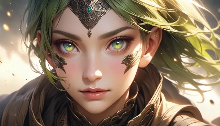 green eyes, realistic eyes,  detailed face gloves,  green hair