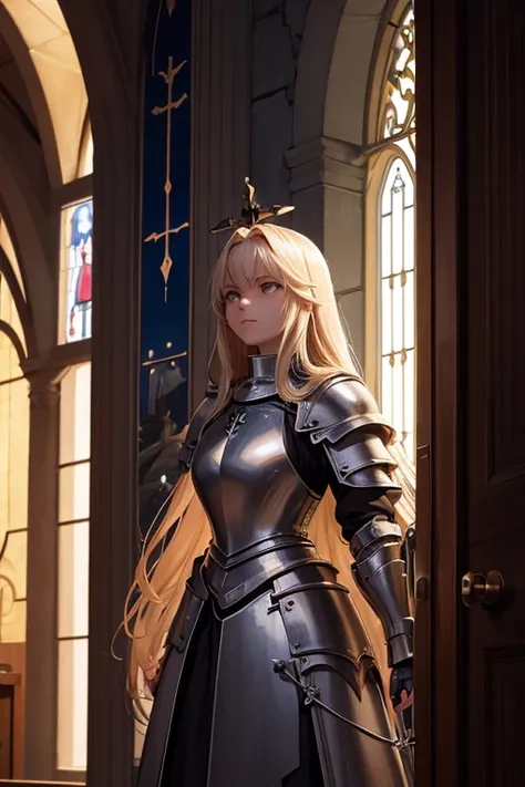  A knight wearing armor holding a crucifix looking up,  as the moonlight illuminated her face with long blond hair , at the door of a church looking with a serious expression at the screen 