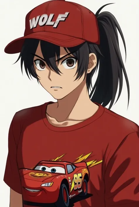 Male long black hair with a tail and cap that says Wolfs serious face and a red shirt with an anime-like image of Lightning MC Queen on it