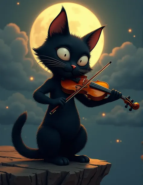 cartoon style extreme detailed professional painting of anthropomorphic black cat with a golden violin in its grasp BREAK (anthropomorphic cat, plays a poignant tune) BREAK (night, a top a breathtaking cliff, (tender moonlight), extreme detailed), BREAK (p...