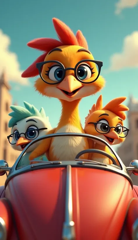 Generate a 3D cartoon digital art, where the character is an anthropomorphized bird. The bird will be driving a car with glasses and other female birds inside the car. This bird is stylish and cute and the female birds are well-groomed and beautiful