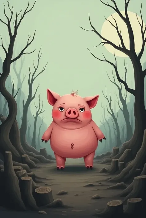 A sad pig walking in a deforested forest. cartoon style 