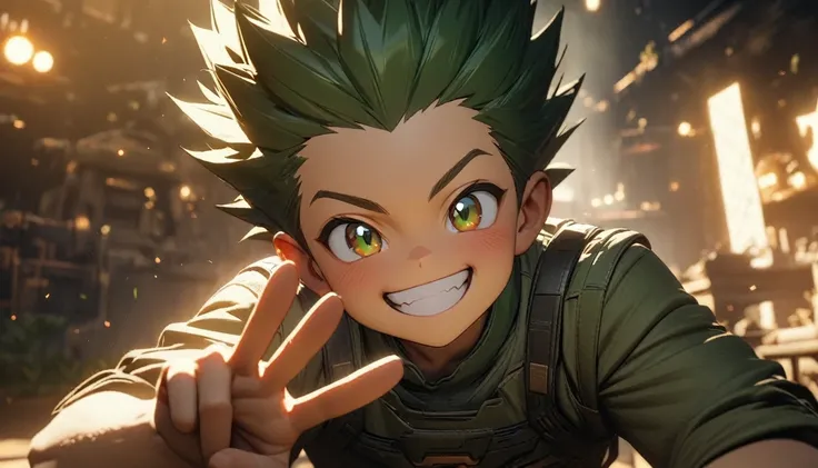 Gon, 1boy, spiked hair, grin, v, cute, male , green shirt, AS-YoungV2-neg, masterpiece, best quality, extremely detailed, highly quality, 4k, sharp focus, professional, sharp focus, award winning, cinematic lighting, octane render, unreal engine, volumetri...