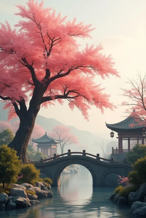 A peach tree in a garden in China next to the bridge
