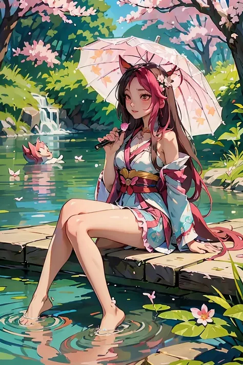 draw ahri, the league of legends champion, in her spiritual bloom skin. she is sitting on a rock in the middle of a serene lake,...